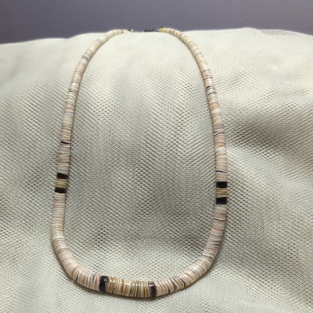 Vintage Heishi Shell Cream and Brown Beaded Necklace